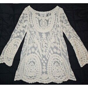 NO. 72 Sheer Off-White Lace Long-Sleeve Blouse Romantic Elegant Bohemian